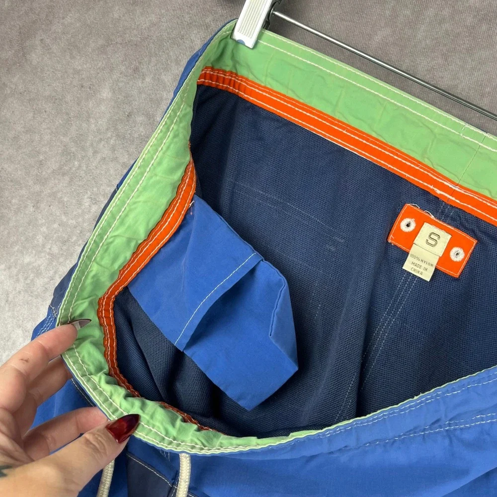 Vtg J. Crew Swimwear Mens M Blue Color Block Drawstring Lined Swim Trunks Shorts